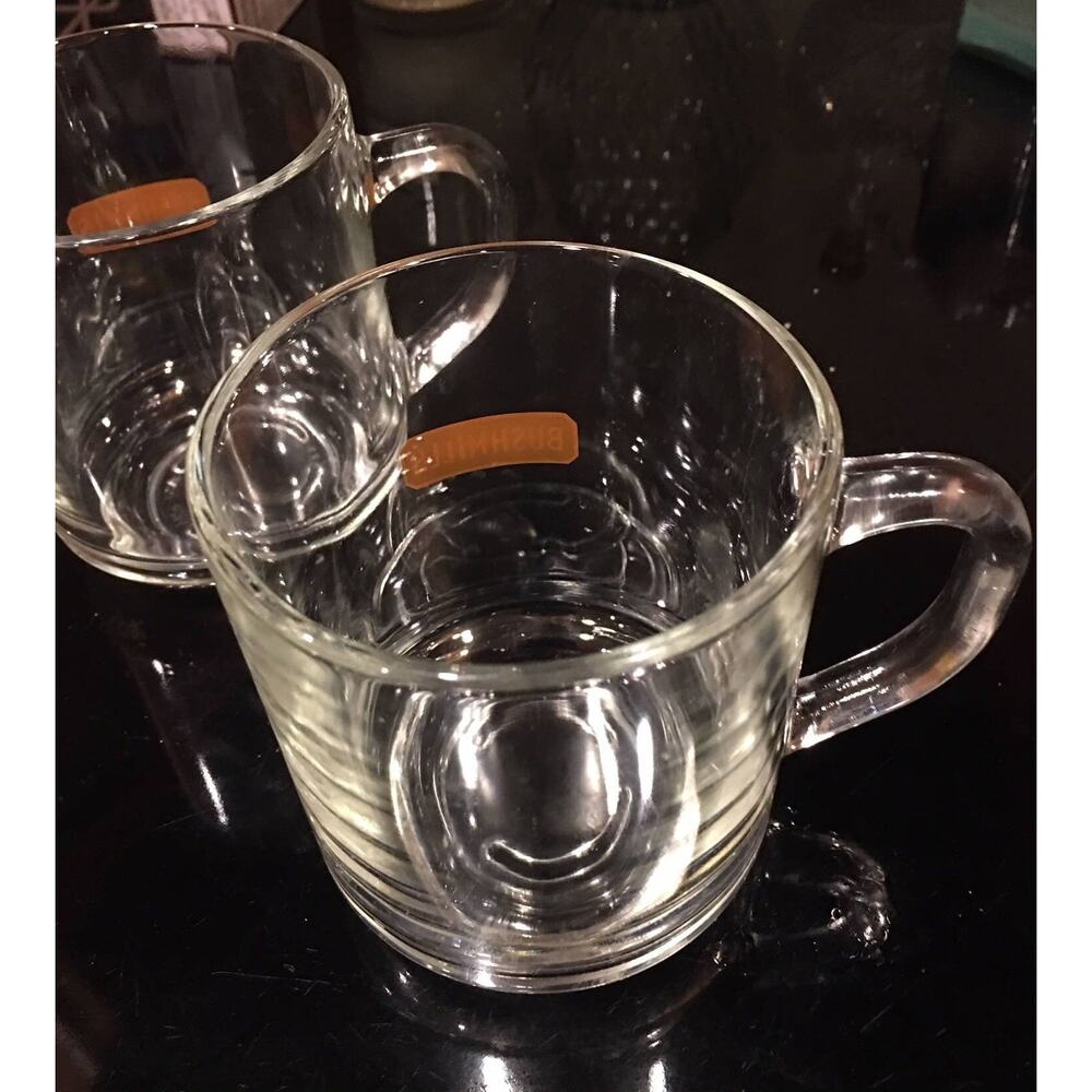 BUSHMILLS Irish Whiskey clear glass mugs- Vintage Arc-USA set lot OF 2